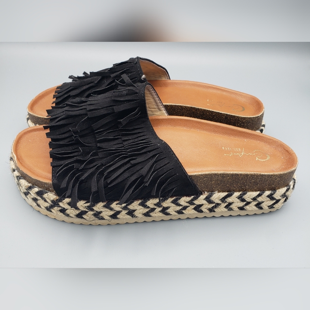 Comfort Est 1946 Black Faux Leather Fringe Slip On Platform Sandals